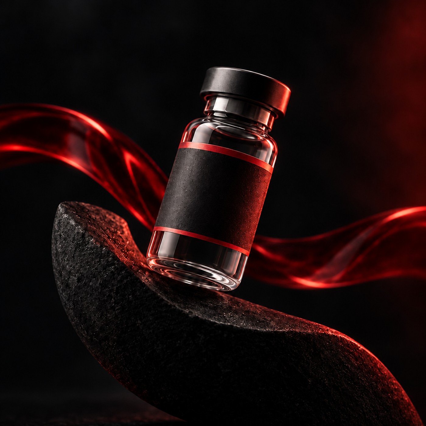 Glass vial with a plain black label and thin red stripes in dark red studio light