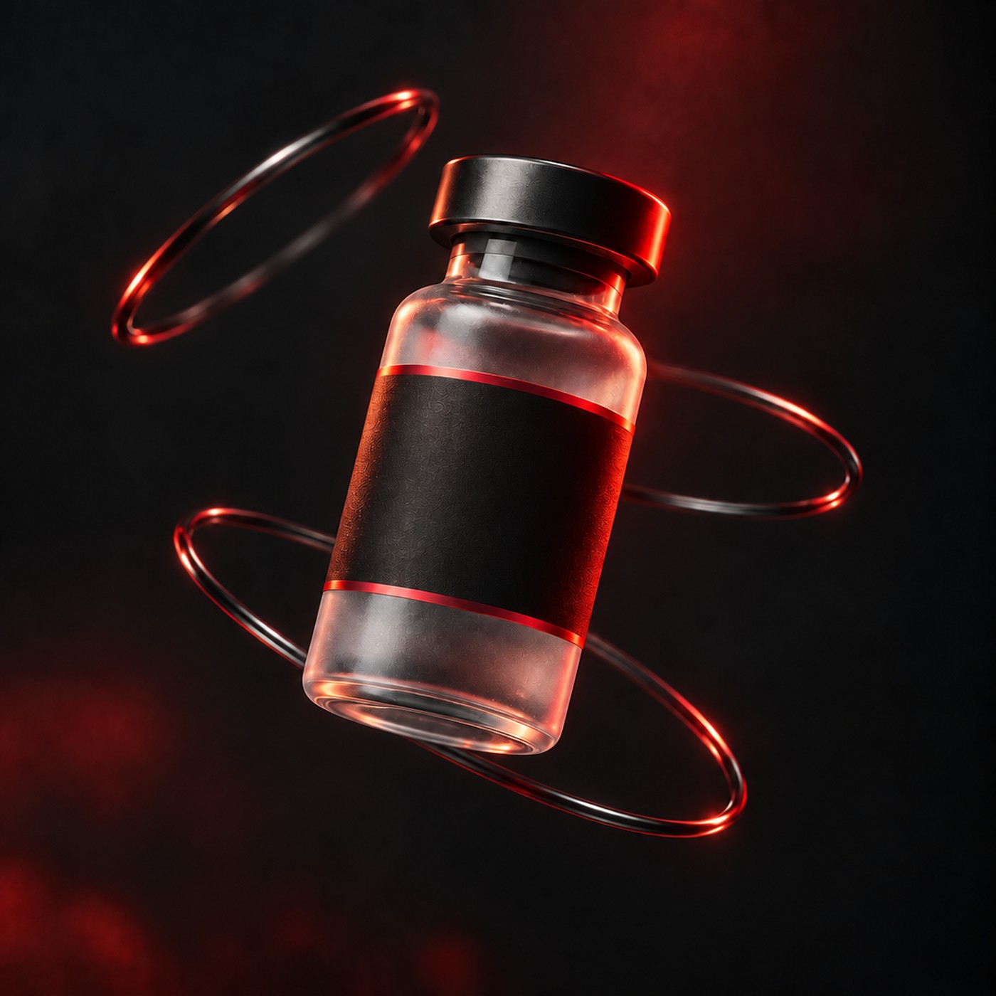 Glass vial with a plain black label and thin red stripes in dark red studio light