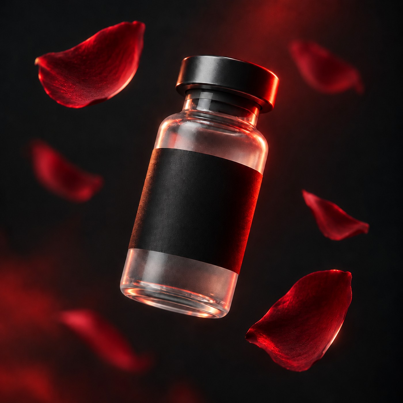 Glass vial with a plain black label on a dark red studio background