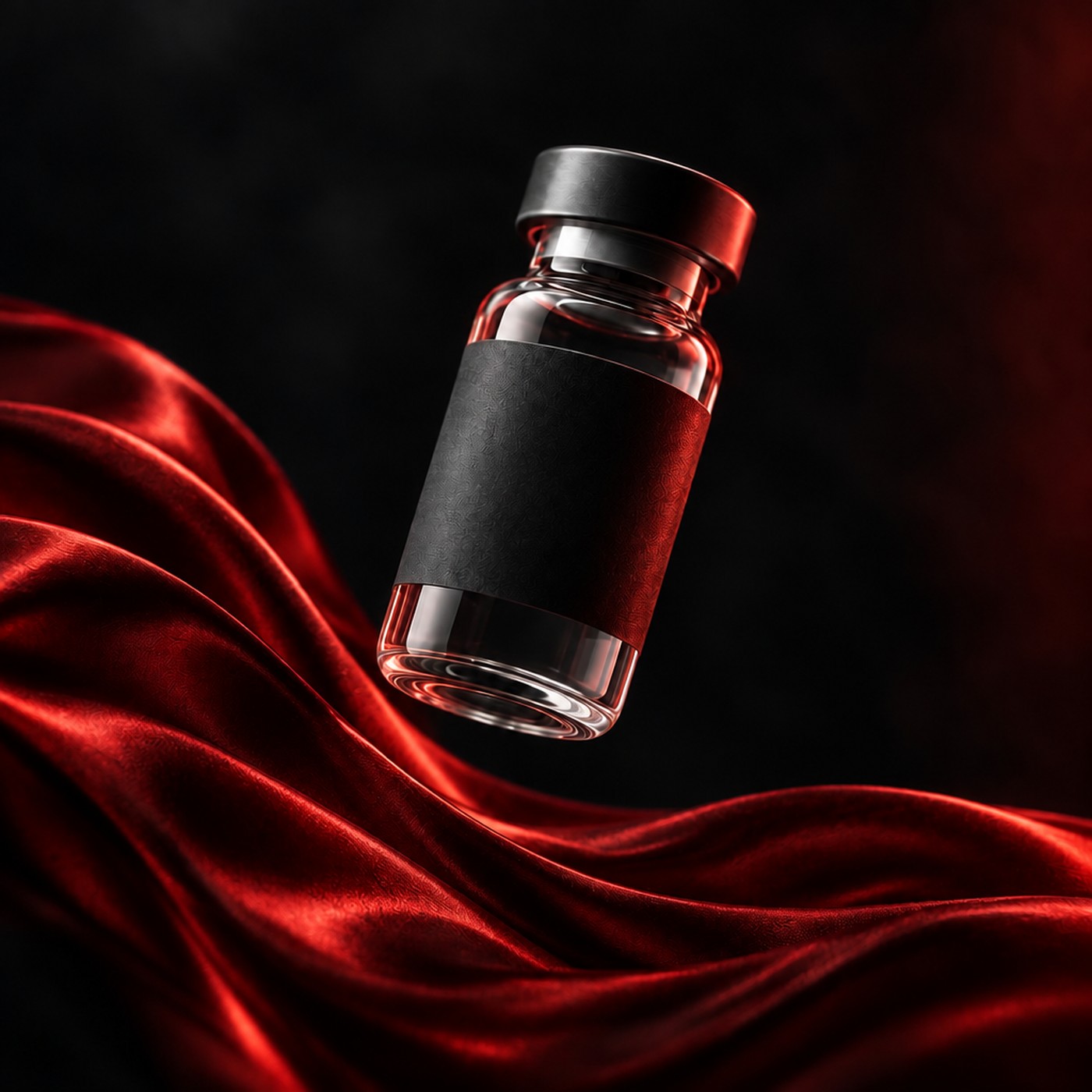 Glass vial with a plain black label in dark red studio light