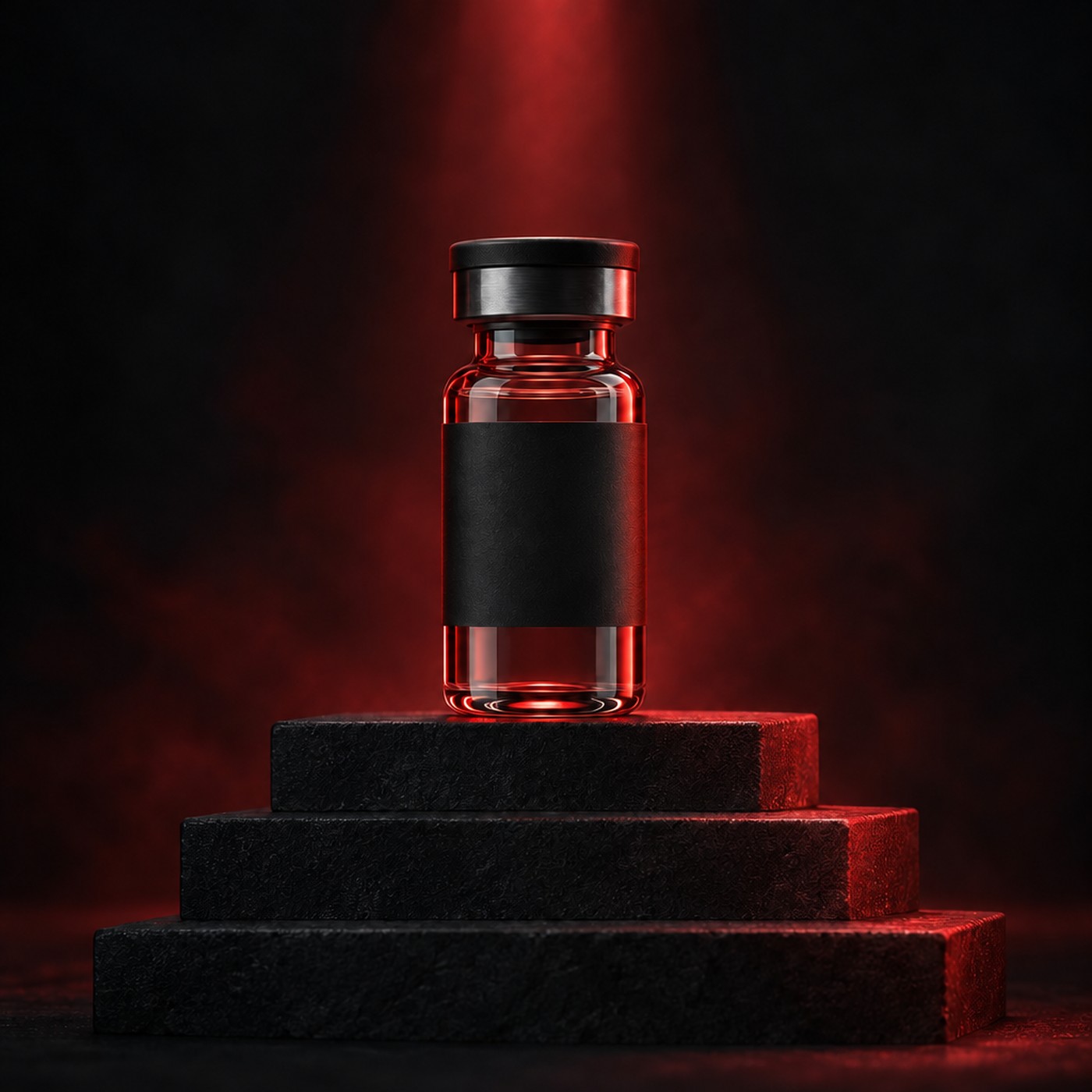 Glass vial with a plain black label in dark red studio light