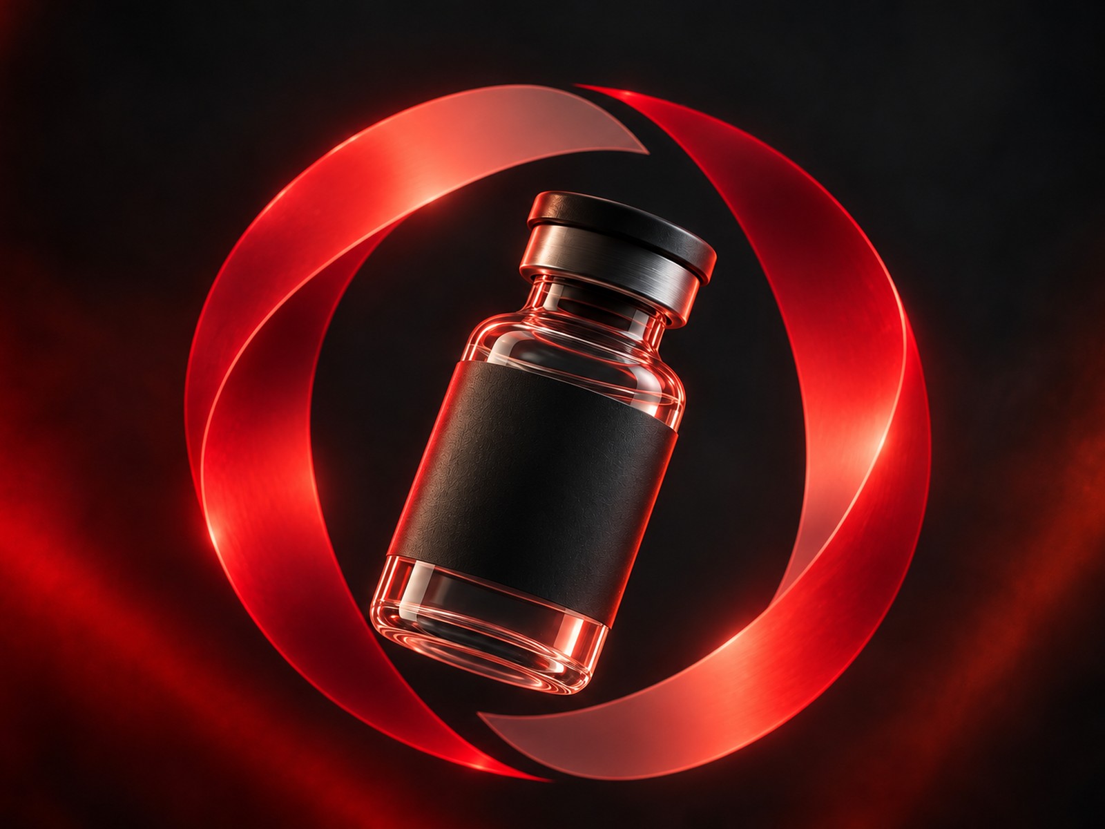 Glass vial with a plain black label in dark red studio light