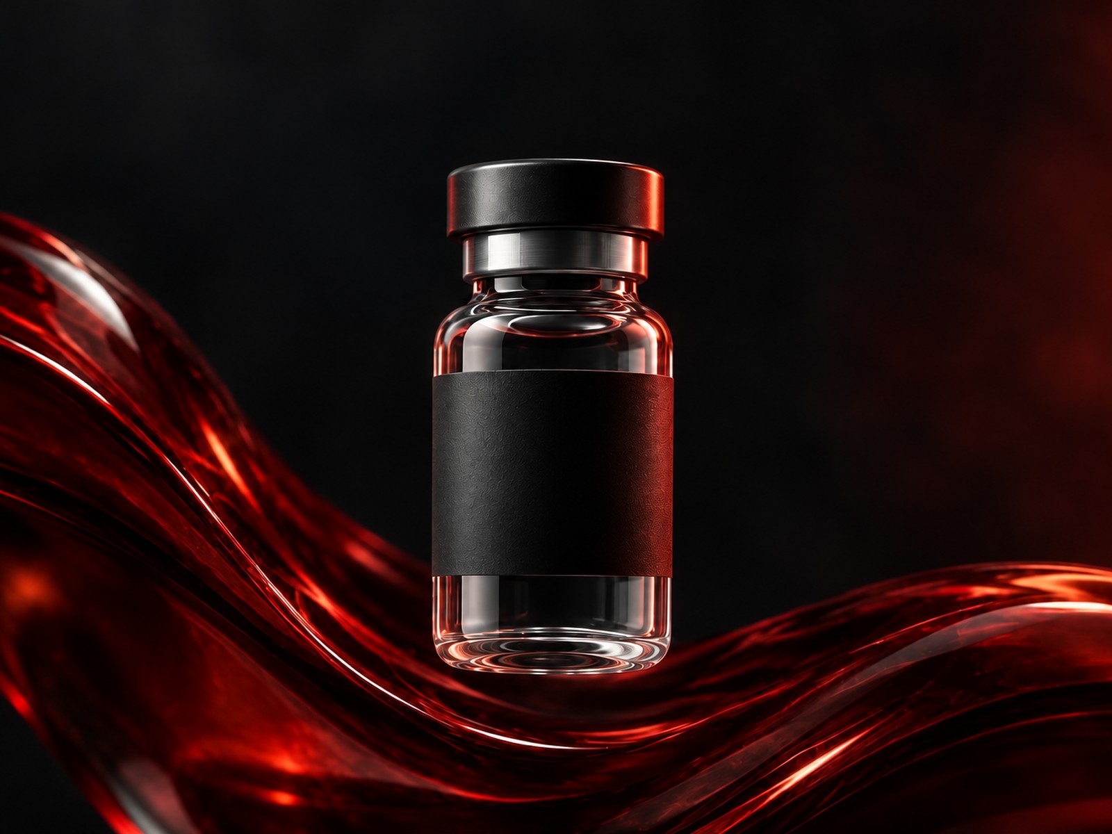 Glass vial with a plain black label on a dark red studio background