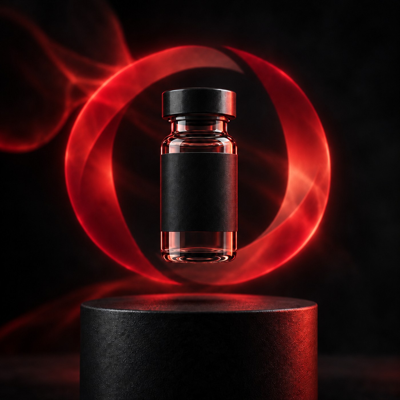 Glass vial with a plain black label on a dark red studio background