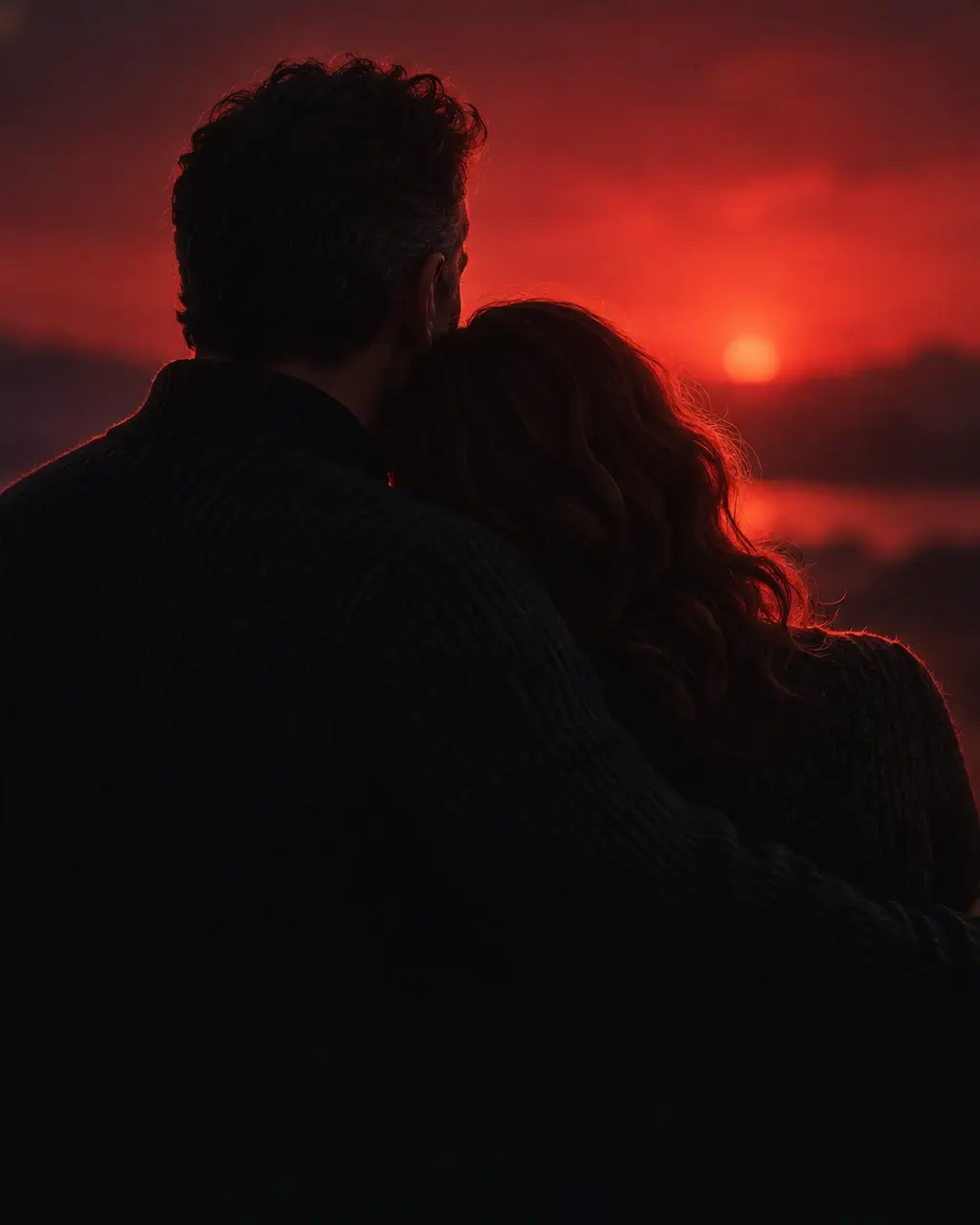 A couple embracing while watching a red sunset over the water