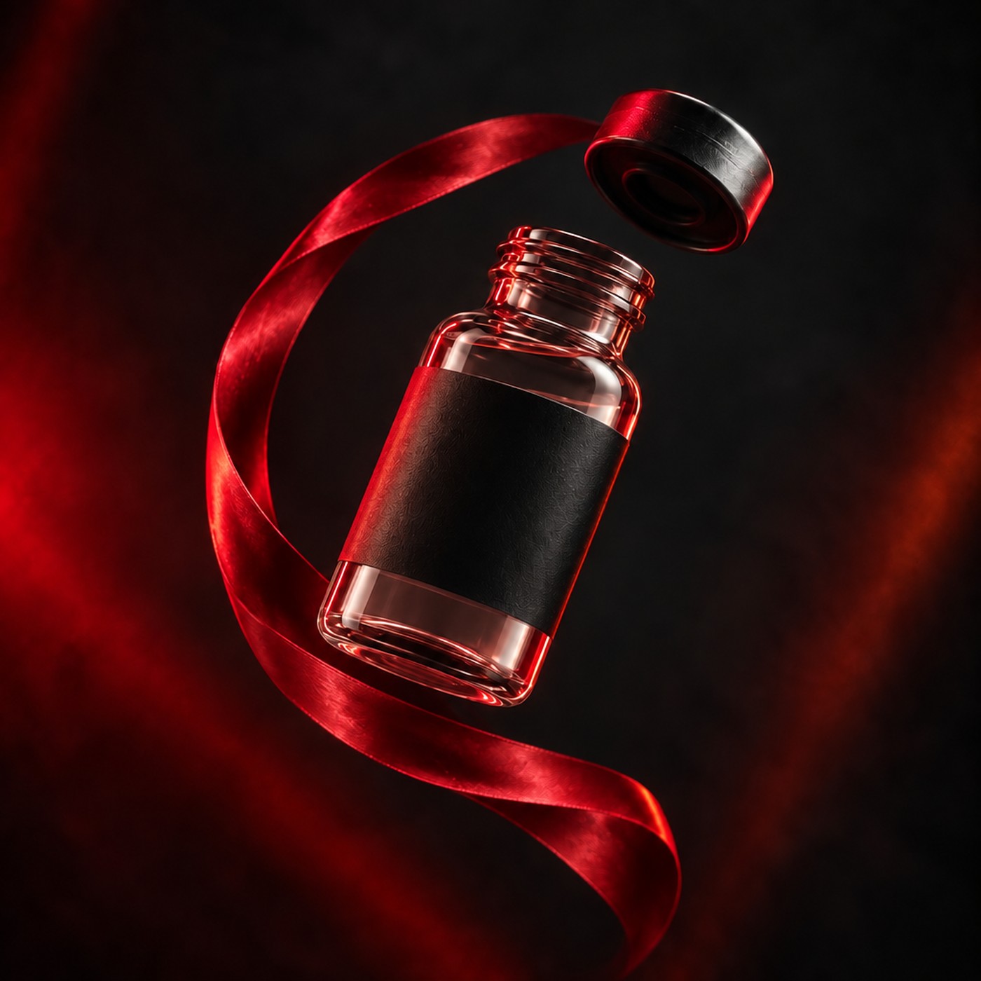 Glass vial with a plain black label on a dark red studio background