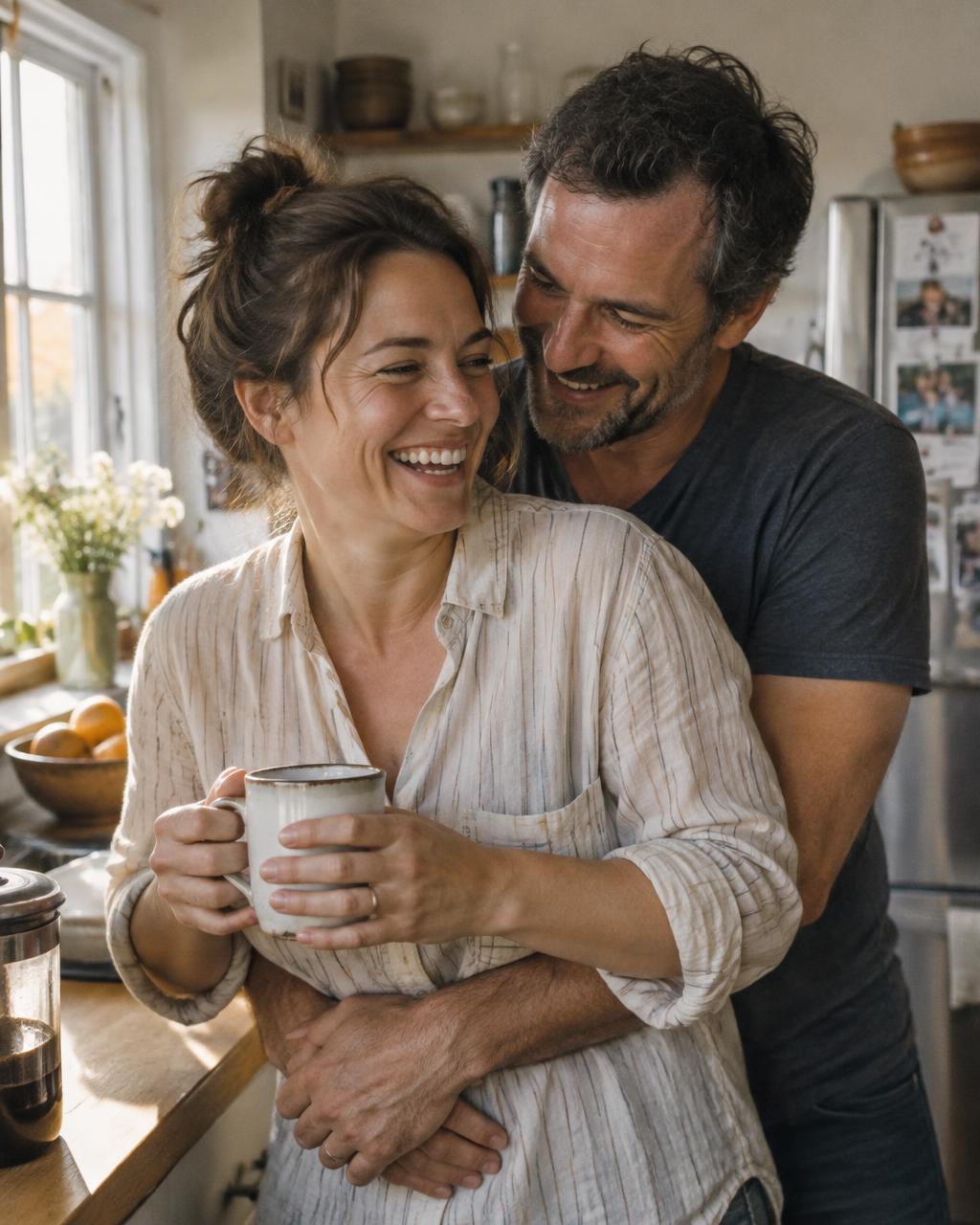 A couple laughing together in their kitchen in the morning