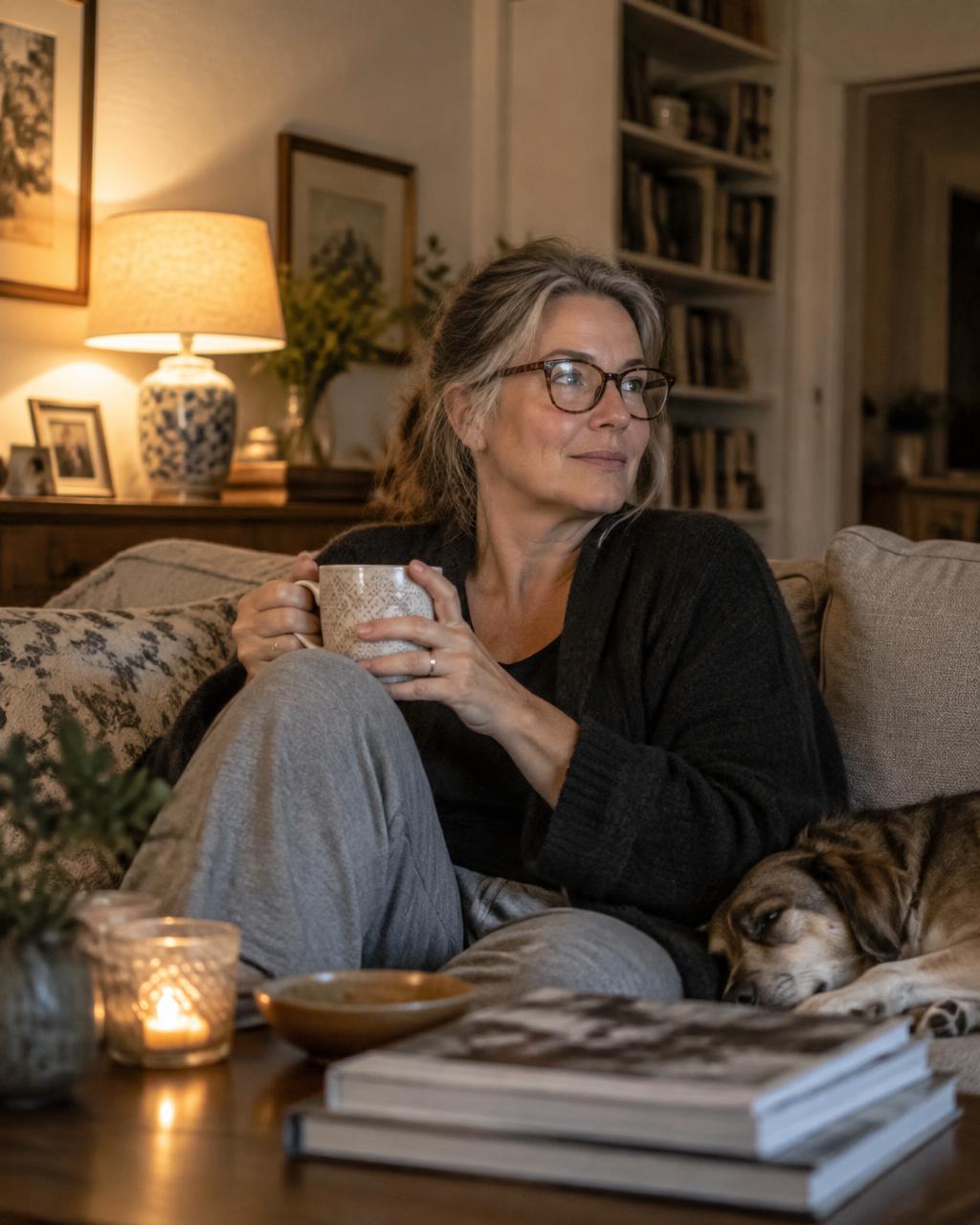 A woman relaxing on her sofa with a cup of tea in the evening