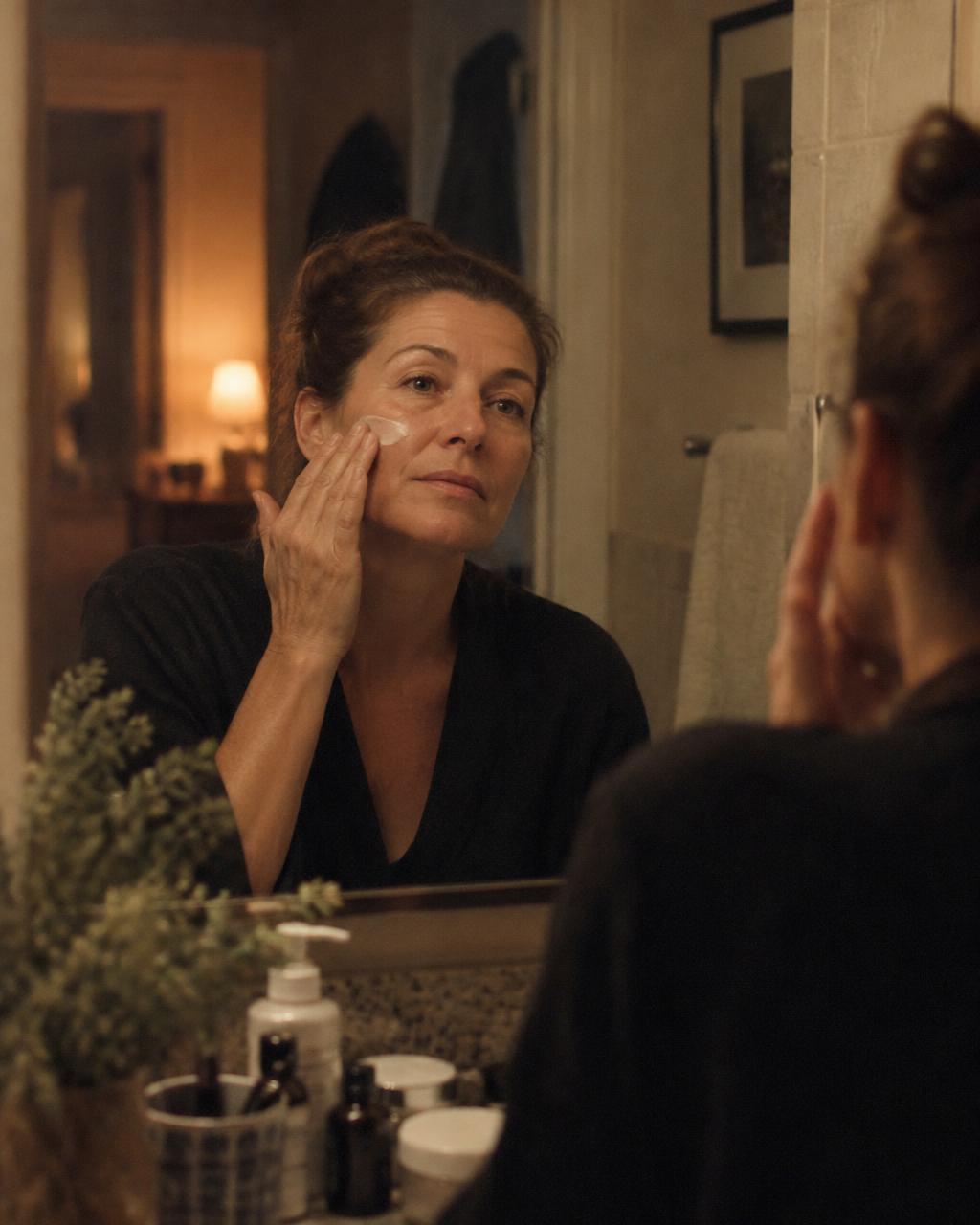 A woman applying face cream in her bathroom mirror