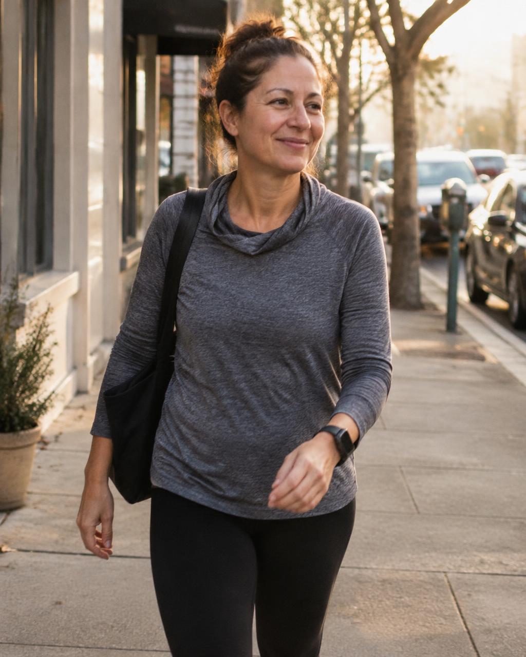 A woman walking along a city street in early morning light