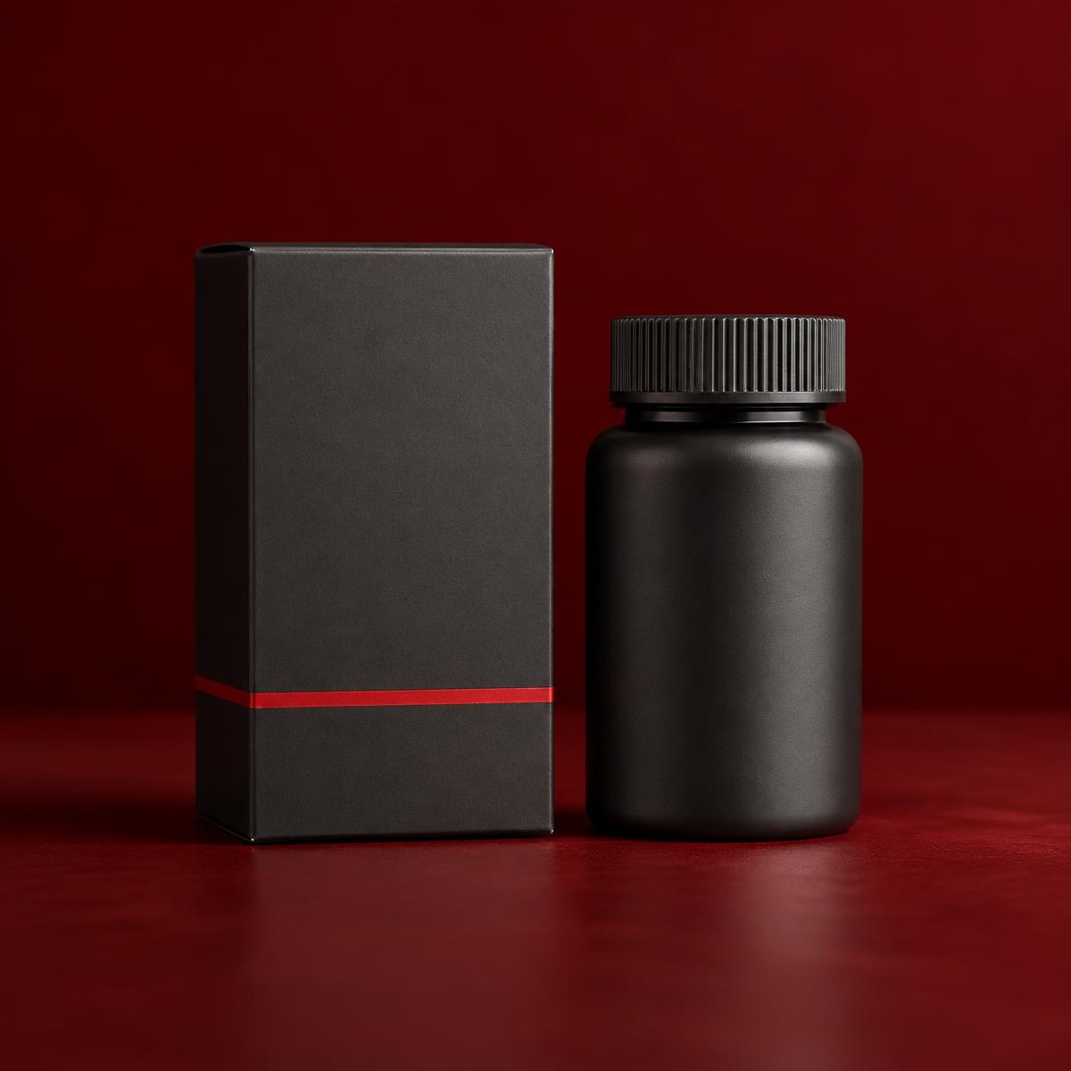 A charcoal carton and bottle on a dark red studio background