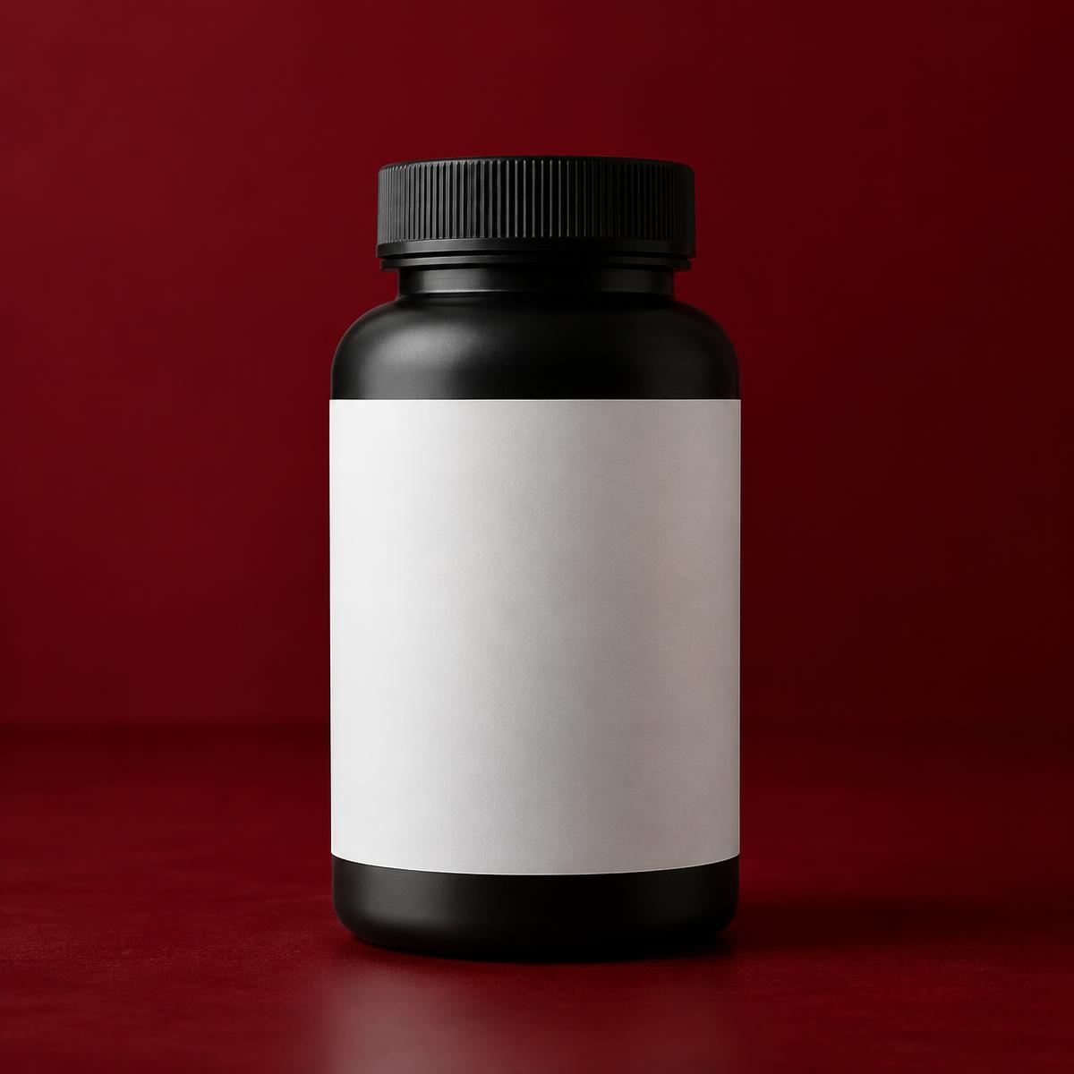 A black bottle with a plain white label on a dark red studio background