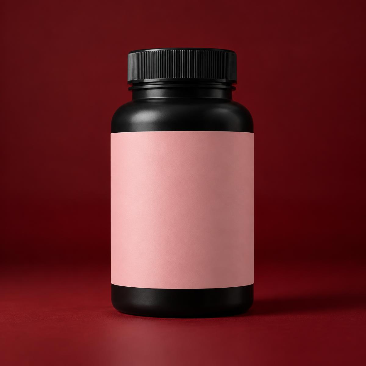 A black bottle with a plain blush label on a dark red studio background