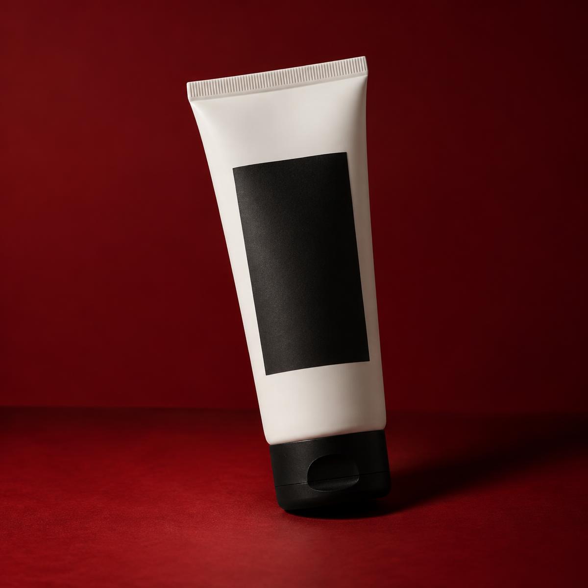 A white cream tube with a plain black label on a dark red studio background